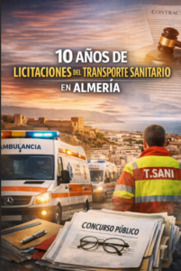 Infografía de PLATESA sobre 10 años de licitaciones del transporte sanitario en Almería con un TES uniformado junto a una ambulancia y referencias a concursos públicos