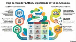 Infografía de PLATESA Hoja de Ruta para dignificar al TES en Andalucía con los tres pilares de la reivindicación: legalidad y cumplimiento normativo, reconocimiento de la categoría sanitaria, e igualdad, junto a las dianas de acción del sector