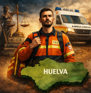 Técnico en emergencias sanitarias uniformado frente a una ambulancia con el texto Huelva sobre el mapa de Andalucía y una balanza de justicia