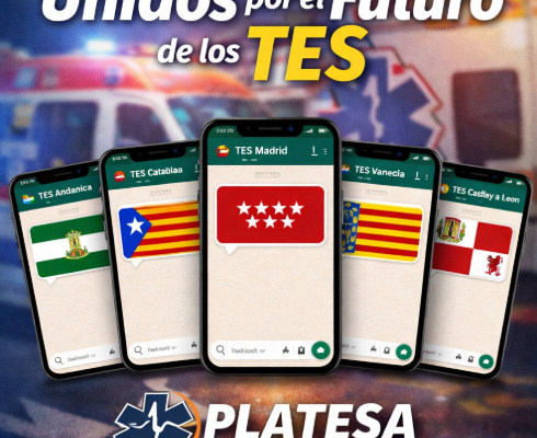 Cartel de PLATESA con grupos de WhatsApp regionales de técnicos en emergencias sanitarias y el lema Unidos por el Futuro de los TES