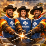 Tres técnicos en emergencias sanitarias uniformados con el lema Todos para uno, uno para todos y el logotipo de PLATESA