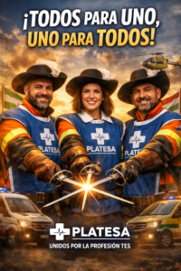 Tres técnicos en emergencias sanitarias uniformados con el lema Todos para uno, uno para todos y el logotipo de PLATESA