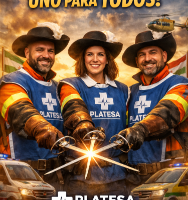 Tres técnicos en emergencias sanitarias uniformados con el lema Todos para uno, uno para todos y el logotipo de PLATESA