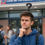 Joven estudiante reflexivo frente a un centro de formación con el cartel Ciclo de Formación TES y un signo de interrogación