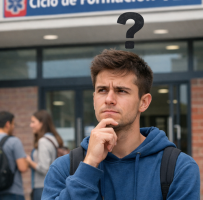Joven estudiante reflexivo frente a un centro de formación con el cartel Ciclo de Formación TES y un signo de interrogación