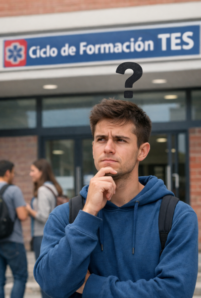 Joven estudiante reflexivo frente a un centro de formación con el cartel Ciclo de Formación TES y un signo de interrogación