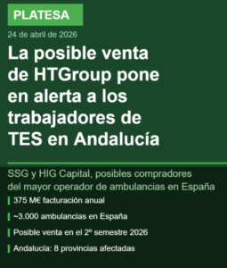 Cartel PLATESA sobre la posible venta de HTGroup que pone en alerta a los TES de Andalucía