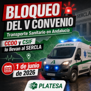 Cartel de PLATESA sobre el bloqueo del V Convenio del transporte sanitario en Andalucía con una ambulancia y la fecha 1 de junio de 2026