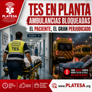 Cartel de PLATESA con un TES trasladando una camilla en un pasillo hospitalario y ambulancias bloqueadas al fondo