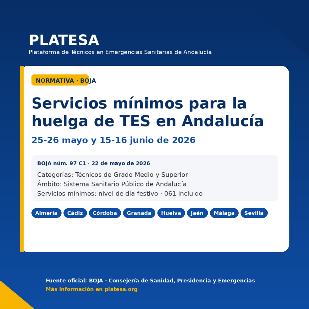 Cartel PLATESA sobre servicios minimos para la huelga de TES en Andalucia: 25-26 mayo y 15-16 junio de 2026, segun la Orden de 22 de mayo de 2026 publicada en el BOJA num. 97 C1.