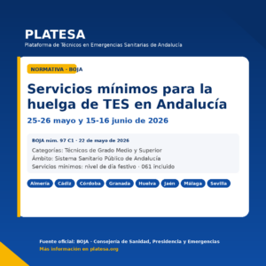 Cartel PLATESA sobre servicios minimos para la huelga de TES en Andalucia: 25-26 mayo y 15-16 junio de 2026, segun la Orden de 22 de mayo de 2026 publicada en el BOJA num. 97 C1.