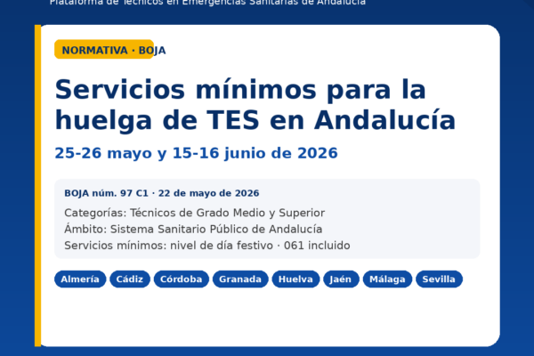 Cartel PLATESA sobre servicios minimos para la huelga de TES en Andalucia: 25-26 mayo y 15-16 junio de 2026, segun la Orden de 22 de mayo de 2026 publicada en el BOJA num. 97 C1.