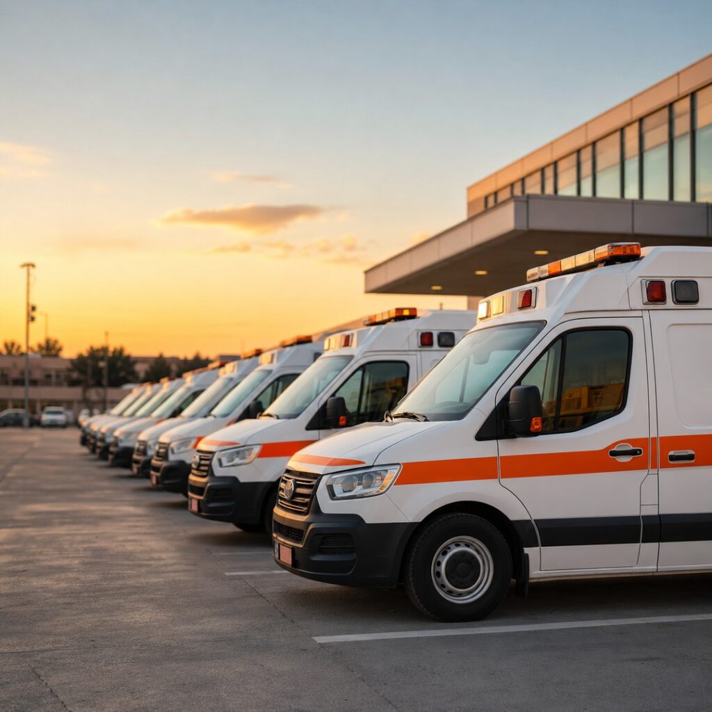 Flota de ambulancias del transporte sanitario alineada en un hospital al atardecer en la Comunitat Valenciana