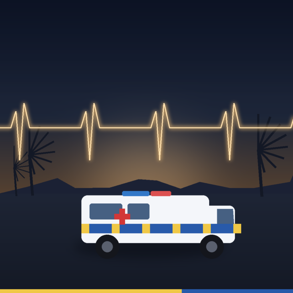 Ambulancia de transporte sanitario al atardecer en Canarias, ilustración editorial sobre la huelga del sector