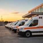 Flota de ambulancias del transporte sanitario alineada en un hospital al atardecer en la Comunitat Valenciana