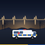 Ambulancia de transporte sanitario al atardecer en Canarias, ilustración editorial sobre la huelga del sector