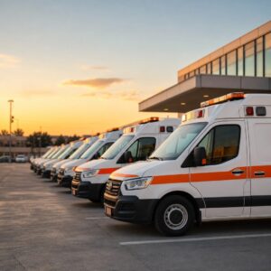 Flota de ambulancias del transporte sanitario alineada en un hospital al atardecer en la Comunitat Valenciana