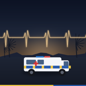 Ambulancia de transporte sanitario al atardecer en Canarias, ilustración editorial sobre la huelga del sector