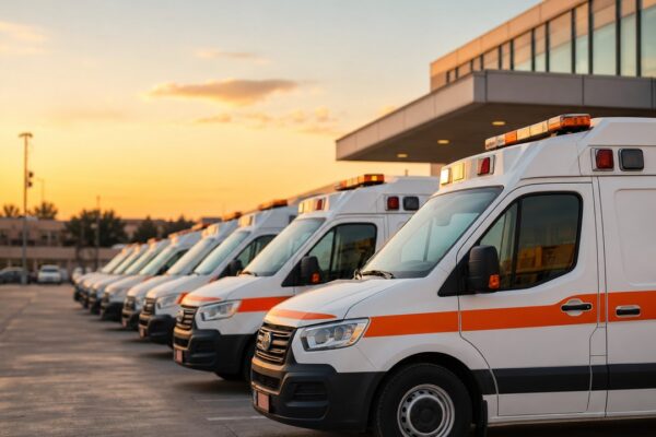 Flota de ambulancias del transporte sanitario alineada en un hospital al atardecer en la Comunitat Valenciana