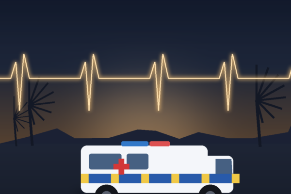 Ambulancia de transporte sanitario al atardecer en Canarias, ilustración editorial sobre la huelga del sector
