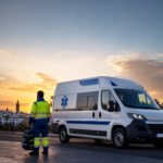 Ambulancia de transporte sanitario al atardecer en Andalucía con un técnico en emergencias sanitarias