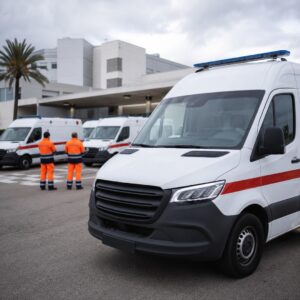 Ambulancias del transporte sanitario paradas frente a un hospital durante la huelga en Baleares