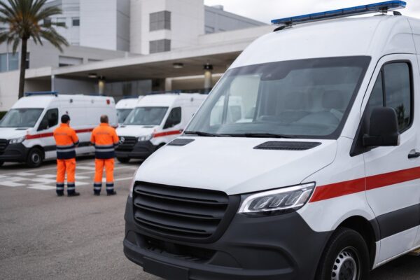 Ambulancias del transporte sanitario paradas frente a un hospital durante la huelga en Baleares