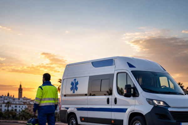 Ambulancia de transporte sanitario al atardecer en Andalucía con un técnico en emergencias sanitarias