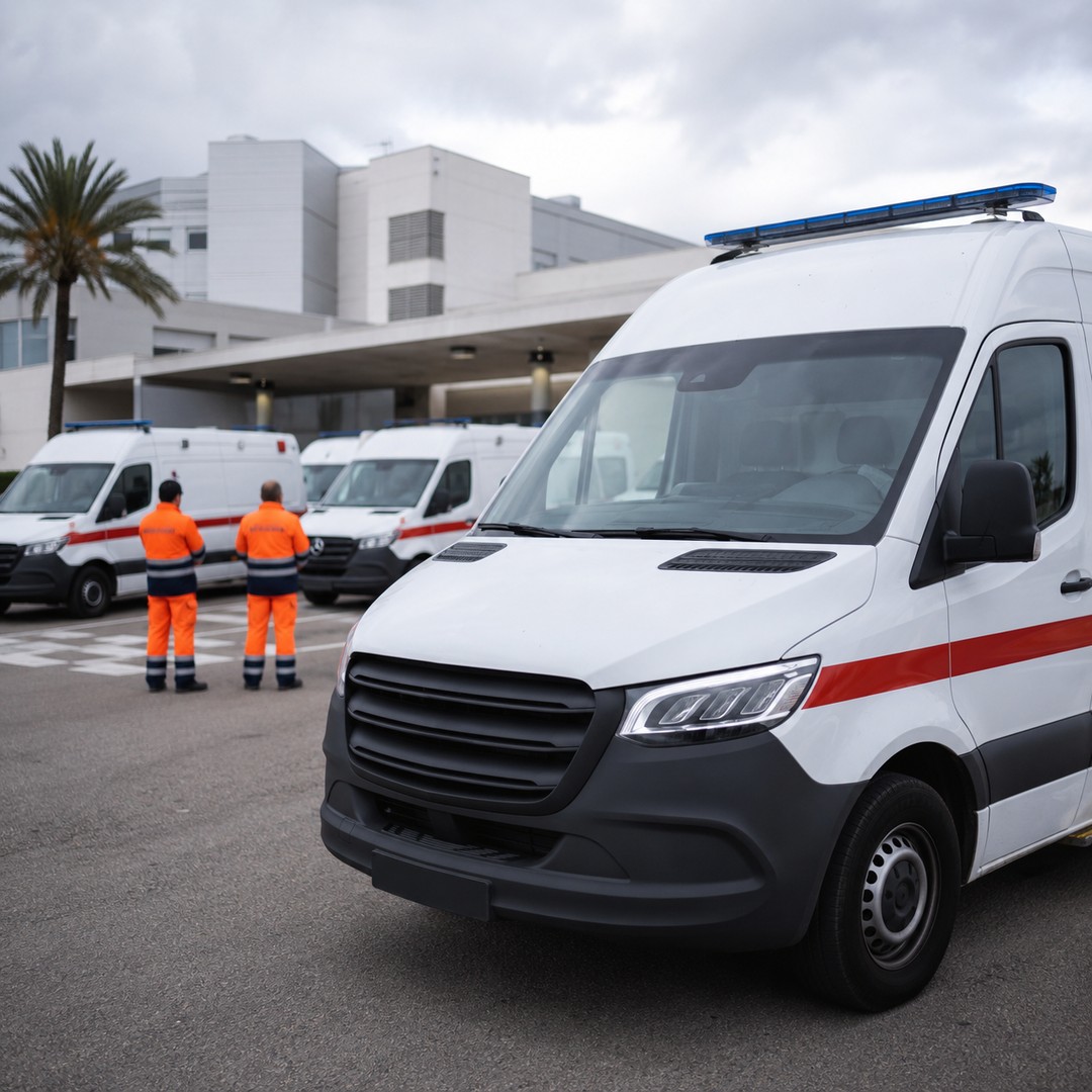 Ambulancias del transporte sanitario paradas frente a un hospital durante la huelga en Baleares