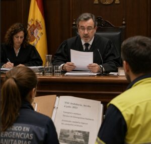 Magistrado togado presidiendo una sala de vistas con la bandera de España, mientras un técnico en emergencias sanitarias asiste a la audiencia.