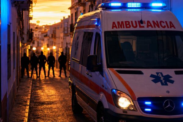 Ambulancia con las luces de emergencia encendidas ante una calle cortada por varias personas al atardecer en un barrio andaluz