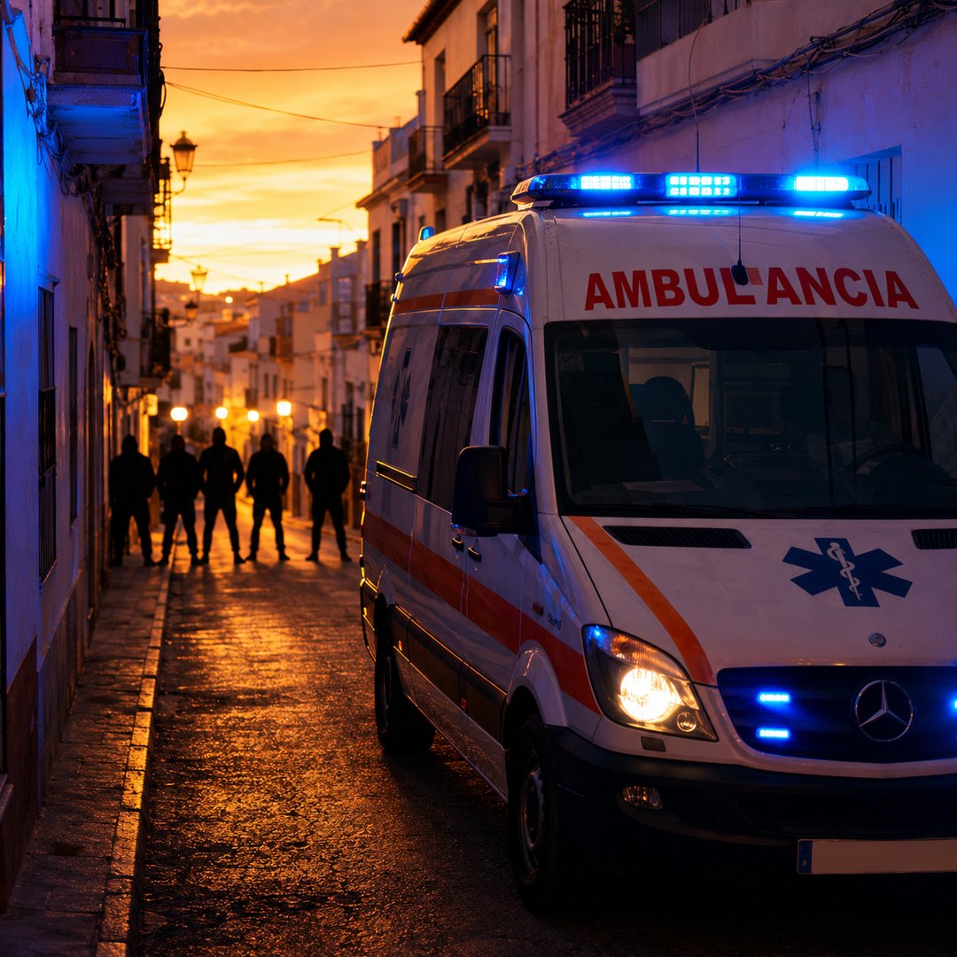 Ambulancia con las luces de emergencia encendidas ante una calle cortada por varias personas al atardecer en un barrio andaluz