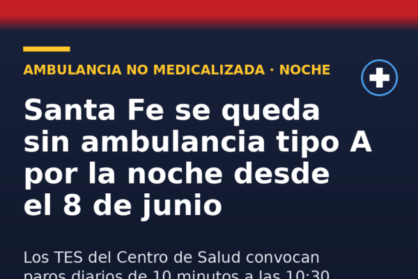 Santa Fe (Granada) se queda sin ambulancia tipo A por la noche desde el 8 de junio de 2026; los TES convocan paros diarios de 10 minutos a las 10:30 en el Area Metropolitana.