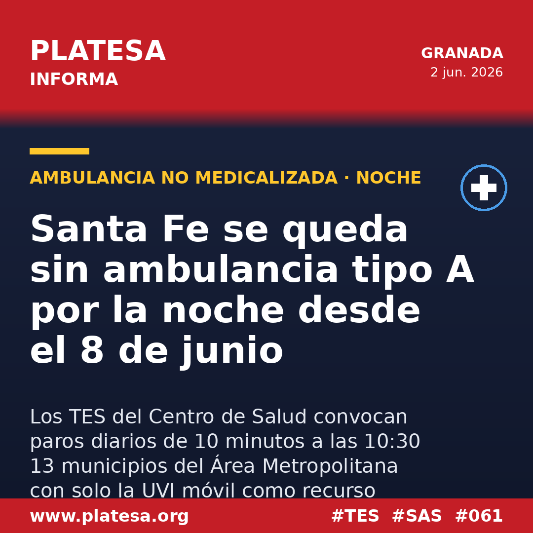 Santa Fe (Granada) se queda sin ambulancia tipo A por la noche desde el 8 de junio de 2026; los TES convocan paros diarios de 10 minutos a las 10:30 en el Area Metropolitana.