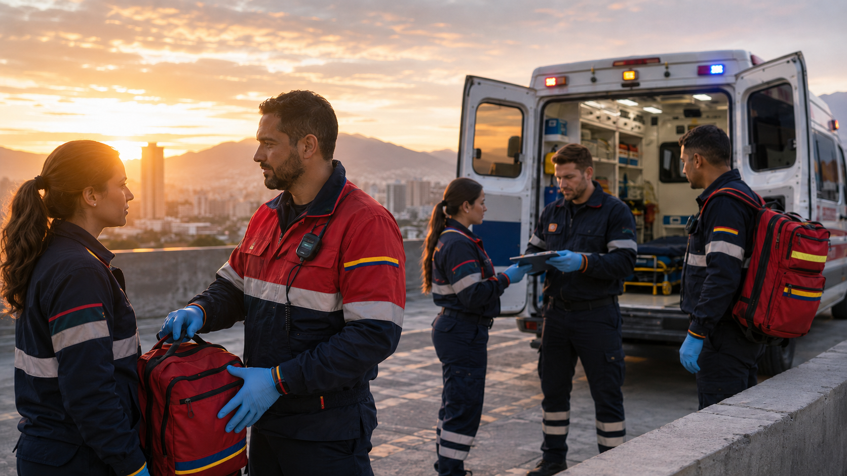 Equipo de Técnicos en Emergencias Sanitarias junto a una ambulancia, con banderas de España y Venezuela, en una misión de solidaridad.